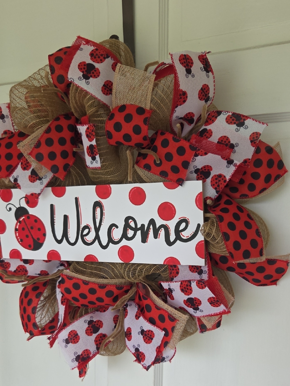 Welcome Ladybug Wreath Burlap Farmhouse Wreath Summer Wreath Ladybug Door Decor - Picture 4 of 8
